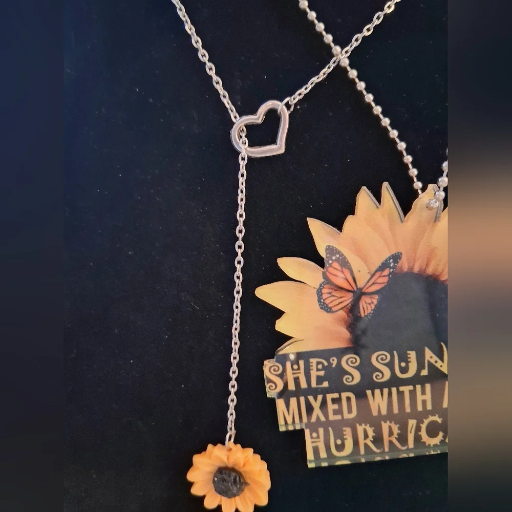Sunflower Heart Butterfly Pendant Necklace and Car Mirror Decor. Summer Spring